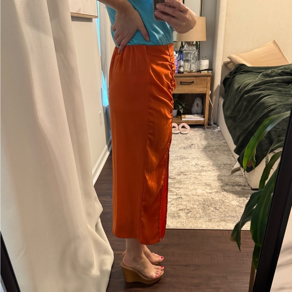 Elegant Burnt Orange Silky Midi Skirt High Slit - Picture 4 of 6
